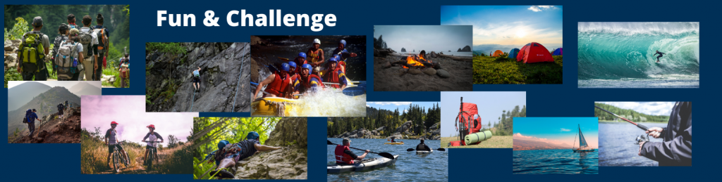 Multi image collage showing a variety of activities - hiking, rock climbing, mountain biking canoeing, surfing camping and fishing.